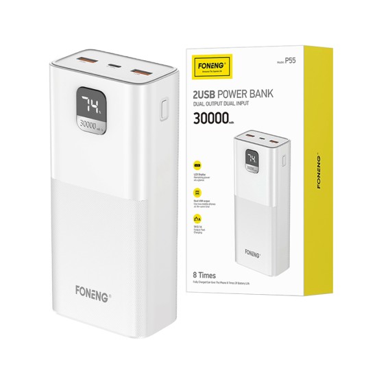 Foneng Power Bank P55 with LCD Digital Display and Dual USB 30000mAh 22.5W White